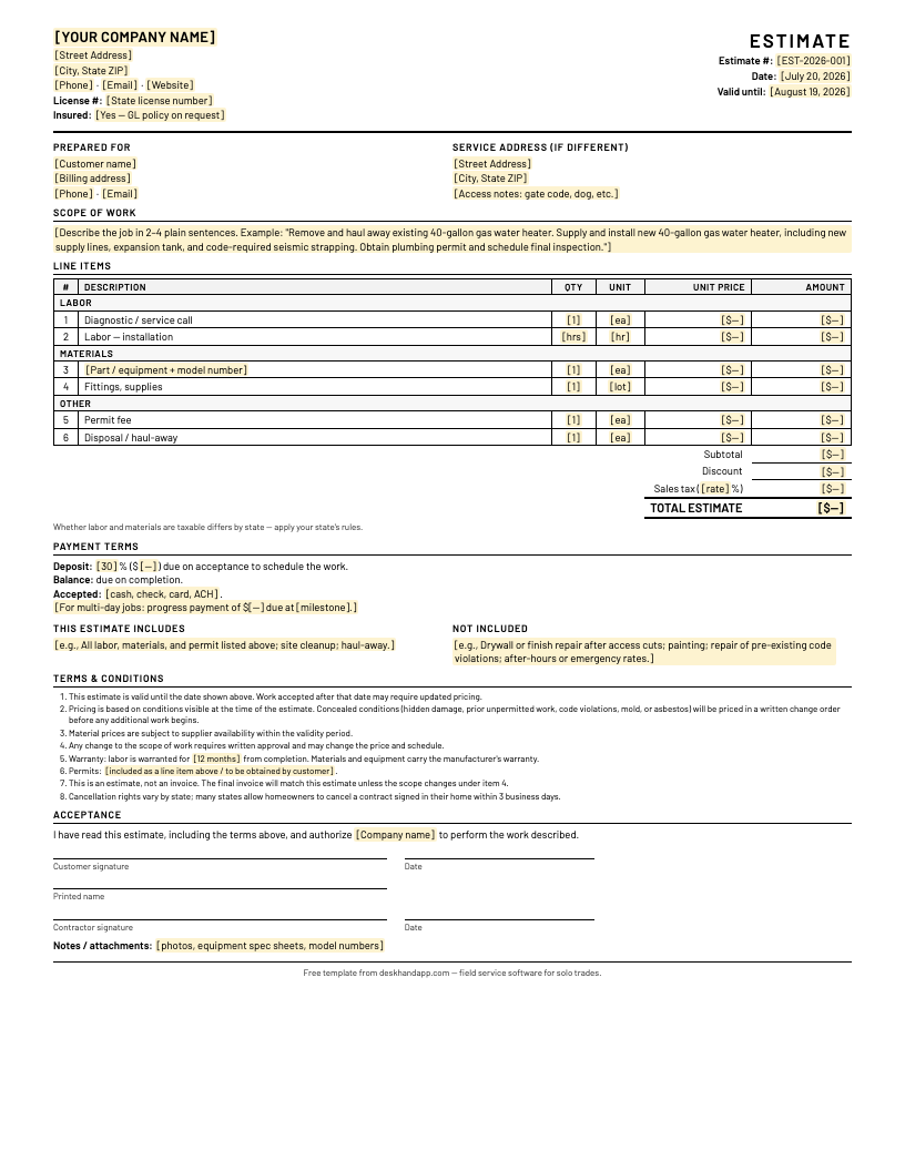 Preview of the Contractor Estimate Template