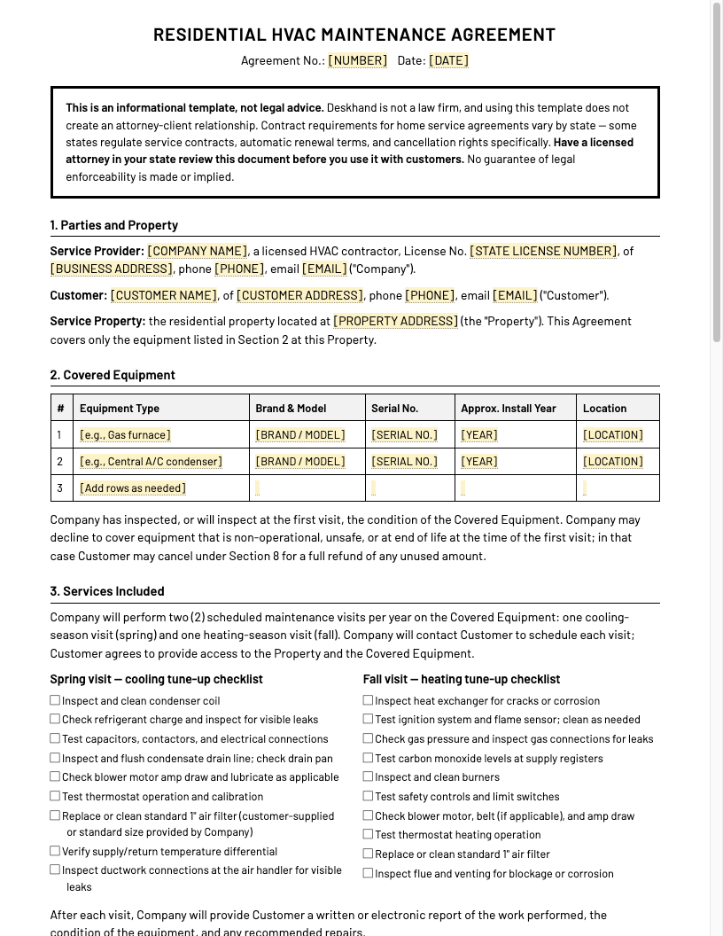 Preview of the HVAC Service Agreement Template